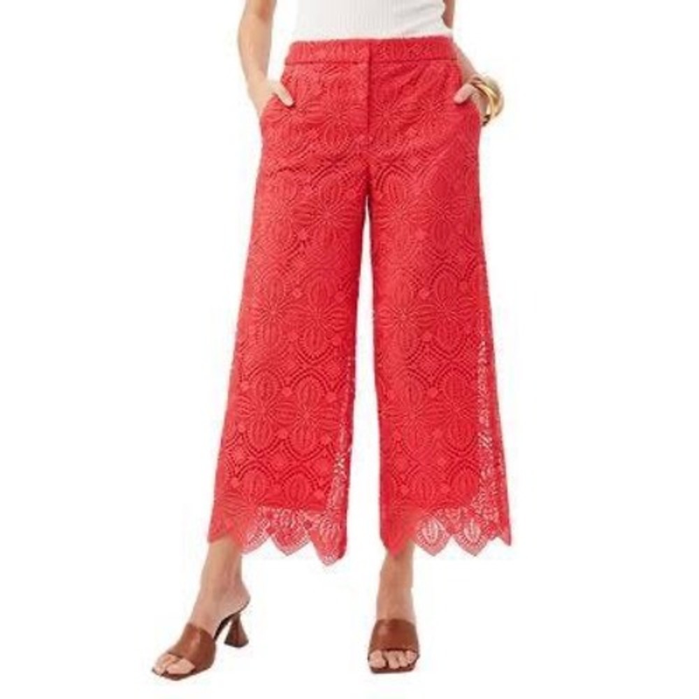 Trina Turk Red Phoenix Lace Wide Leg Cropped Pants Scalloped Hem Lined Size 4